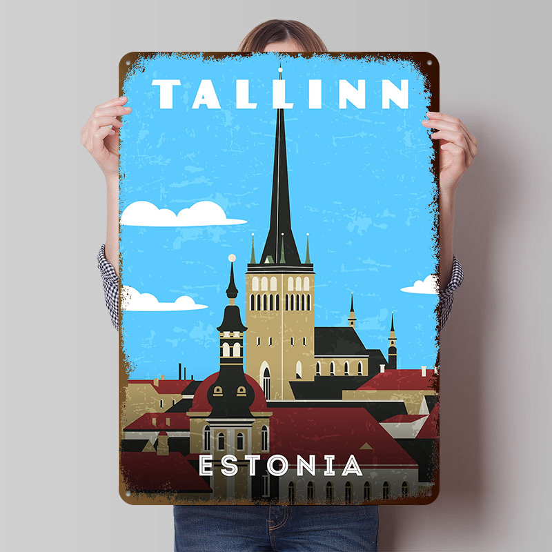 Travel Accessories For Europe - Estonia Retro Plakat Podróżniczy Personalizowane Metalowe