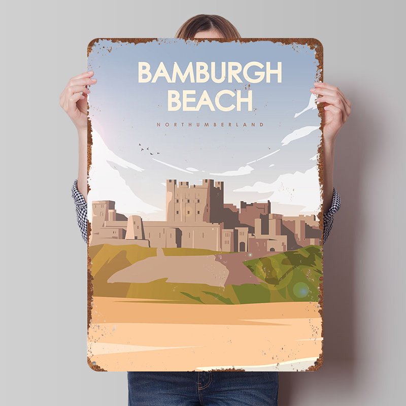 Travel Accessories For Europe - Plakat Podróżniczy Bamburgh Beach Northumberland, Personalizowane